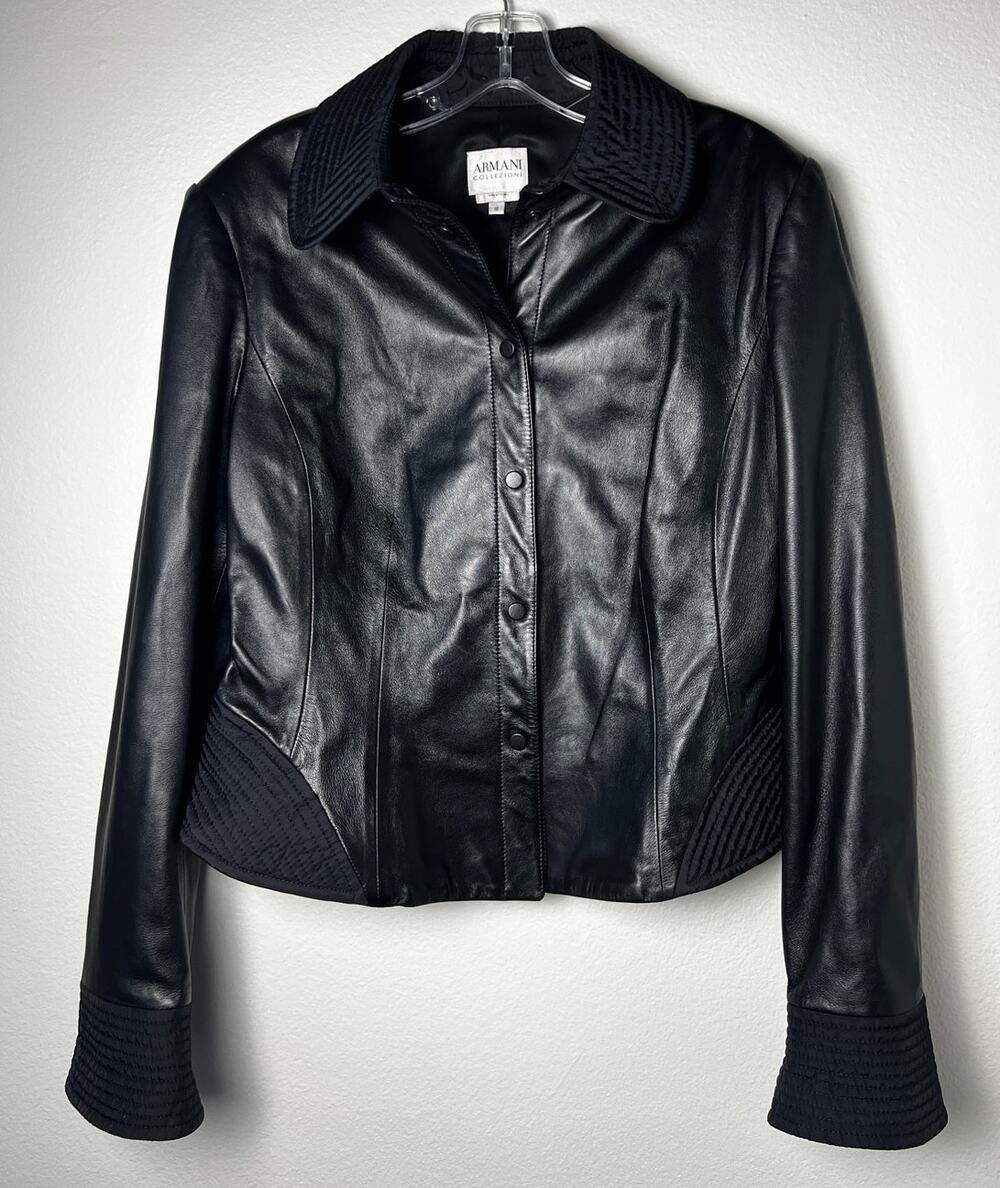 Armani Collezioni Black Italian Leather Jacket Quilted Trim Size 10 / 46